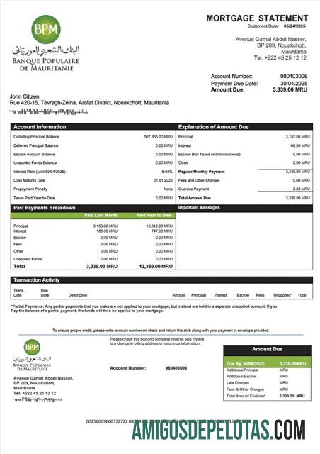 imprimível Mauritânia Banque Populaire De Mauritanie (BPM) Declaração de hipoteca Word e modelo PDF